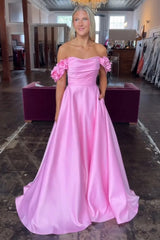 Blush Off the Shoulder Satin A-Line Long Prom Dress with 3D Flowers