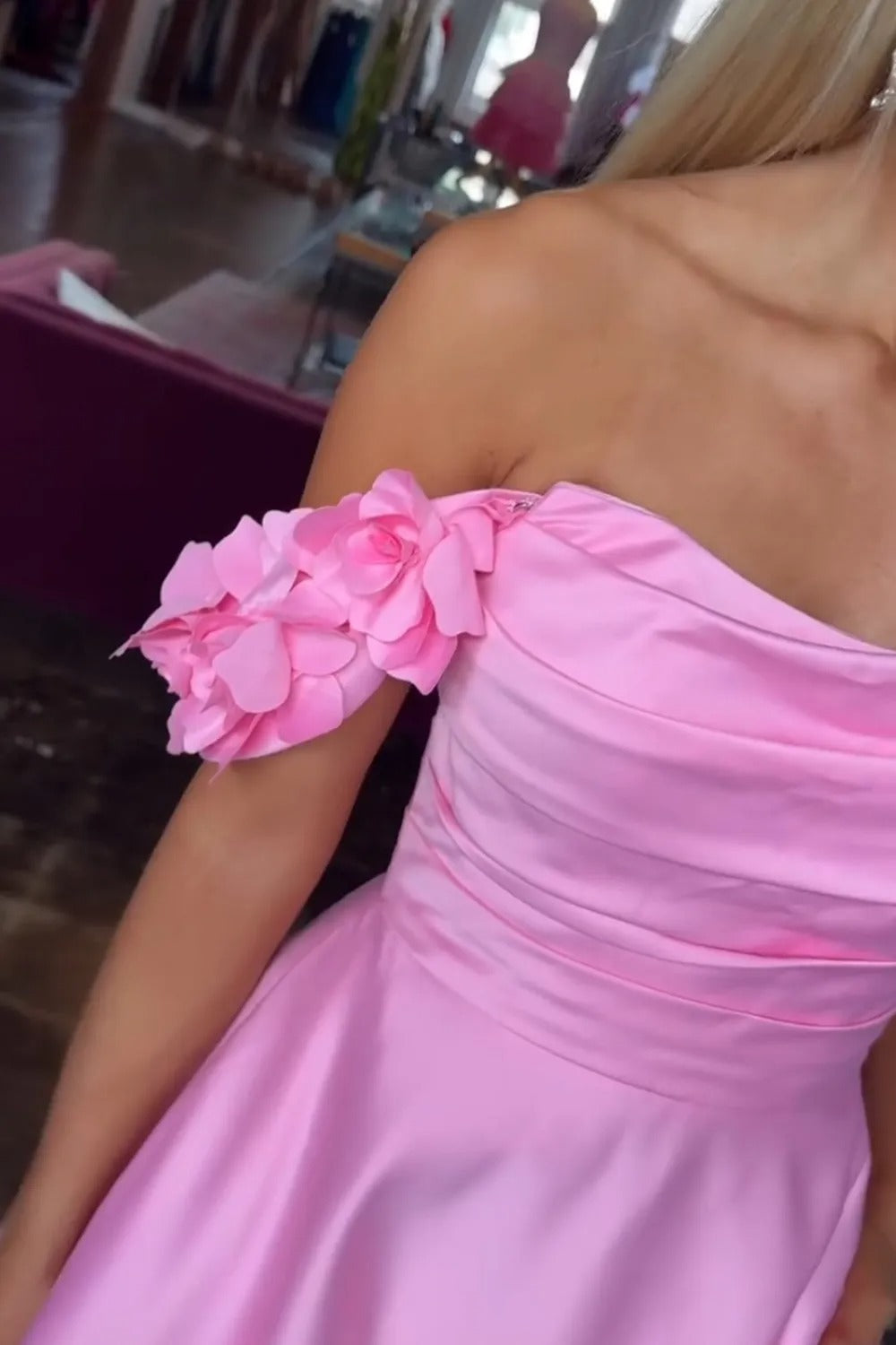 Blush Off the Shoulder Satin A-Line Long Prom Dress with 3D Flowers
