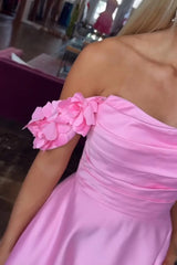 Blush Off the Shoulder Satin A-Line Long Prom Dress with 3D Flowers