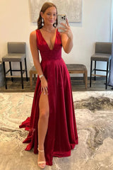 Burgundy Backless V Neck Long Prom Dress with Lace
