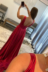 Burgundy Backless V Neck Long Prom Dress with Lace