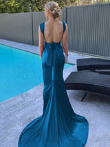 Burgundy Mermaid Straps Satin Pleated Long Prom Dress