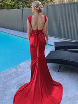 Burgundy Mermaid Straps Satin Pleated Long Prom Dress