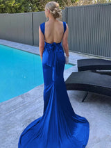 Burgundy Mermaid Straps Satin Pleated Long Prom Dress