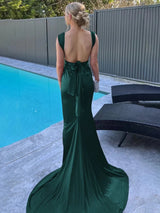 Burgundy Mermaid Straps Satin Pleated Long Prom Dress