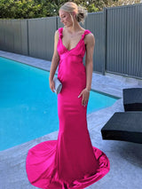 Burgundy Mermaid Straps Satin Pleated Long Prom Dress