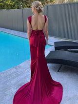 Burgundy Mermaid Straps Satin Pleated Long Prom Dress