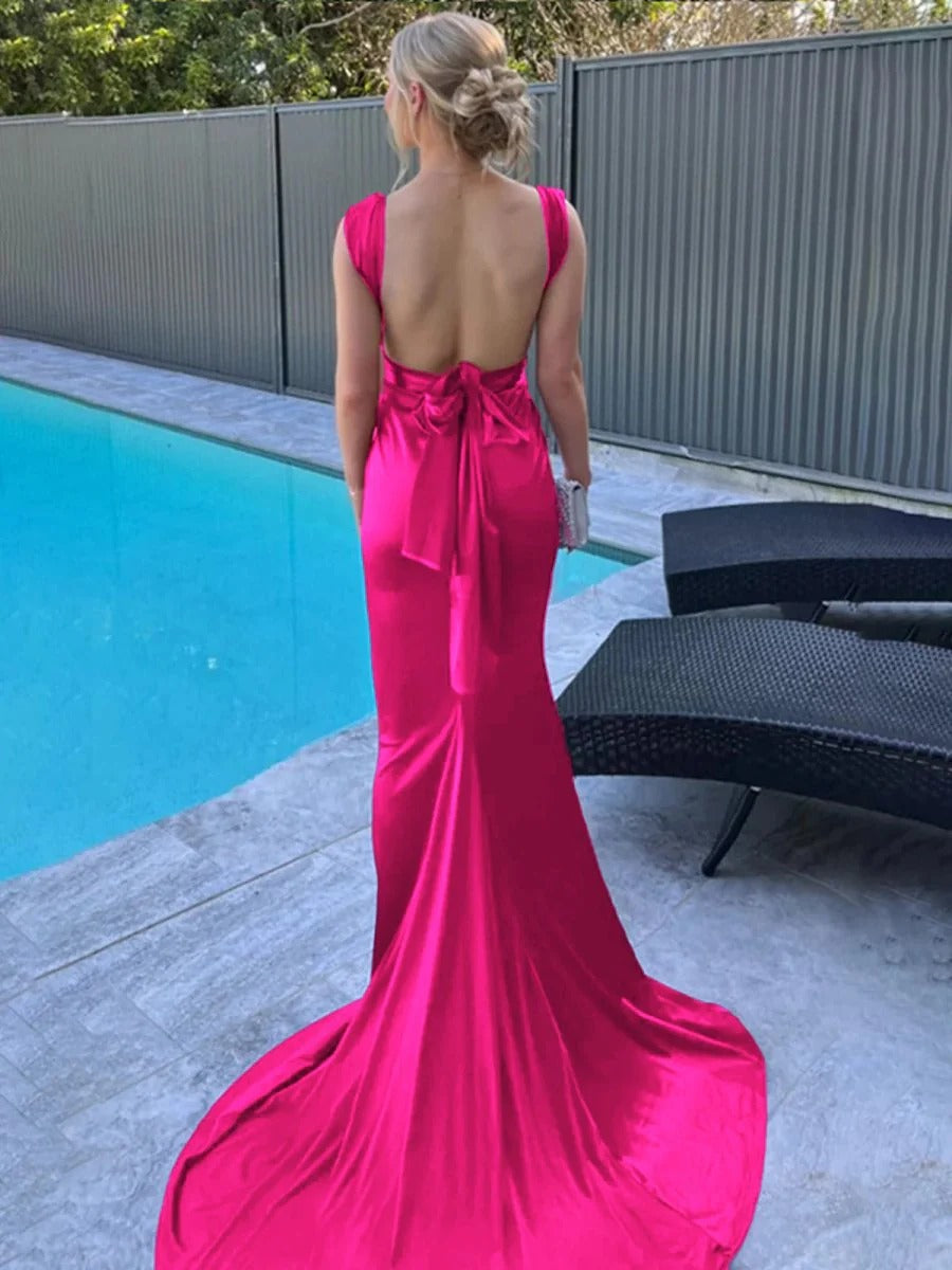Burgundy Mermaid Straps Satin Pleated Long Prom Dress