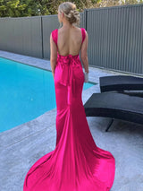 Burgundy Mermaid Straps Satin Pleated Long Prom Dress