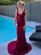 Burgundy Mermaid Straps Satin Pleated Long Prom Dress