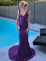 Burgundy Mermaid Straps Satin Pleated Long Prom Dress