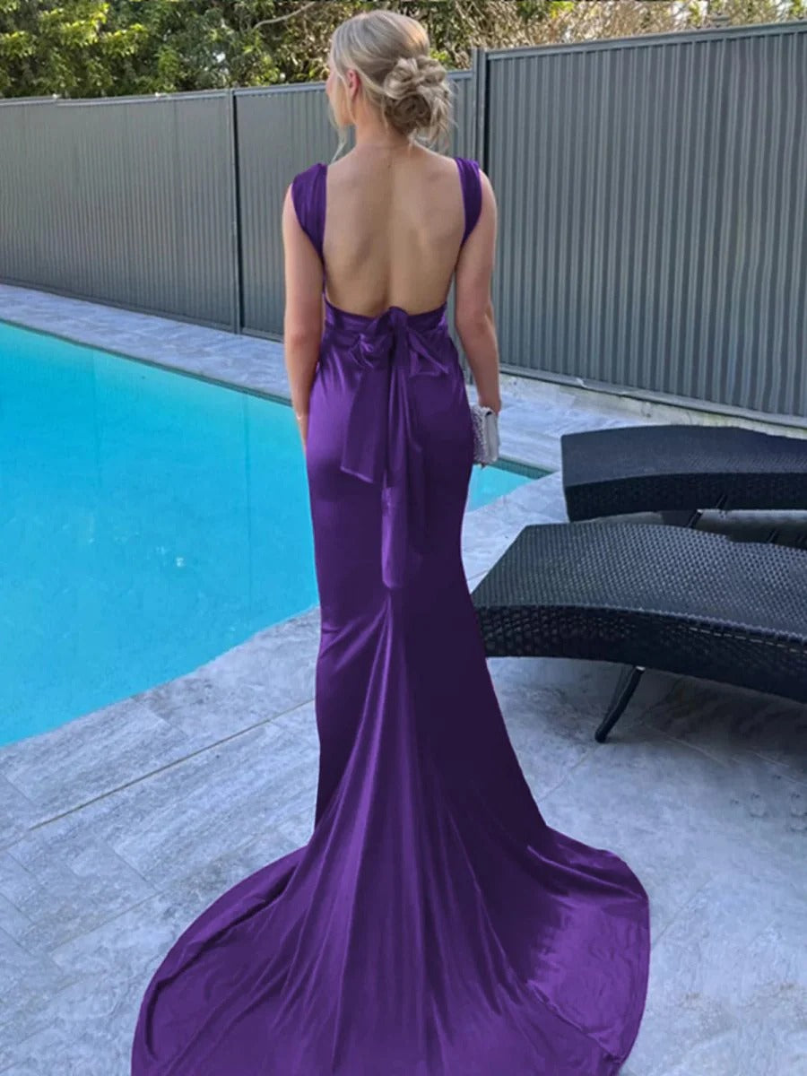 Burgundy Mermaid Straps Satin Pleated Long Prom Dress
