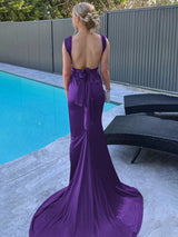Burgundy Mermaid Straps Satin Pleated Long Prom Dress