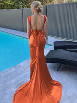 Burgundy Mermaid Straps Satin Pleated Long Prom Dress