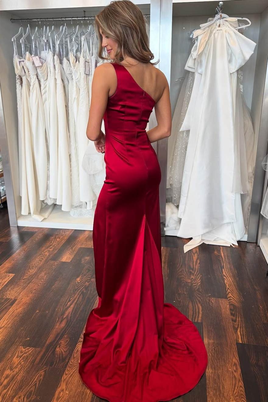 Burgundy One Shoulder Satin Pleated Mermaid Long Prom Dress with Slit