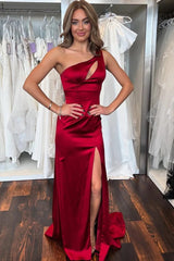Burgundy One Shoulder Satin Pleated Mermaid Long Prom Dress with Slit