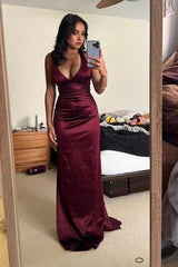 Burgundy Sheath Satin Long Prom Dress