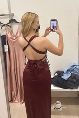 Burgundy Sheath Satin Long Prom Dress