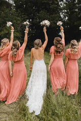 Coral Wrap V-Neck Ruched Sexy Bridesmaid Wedding Guest Dresses