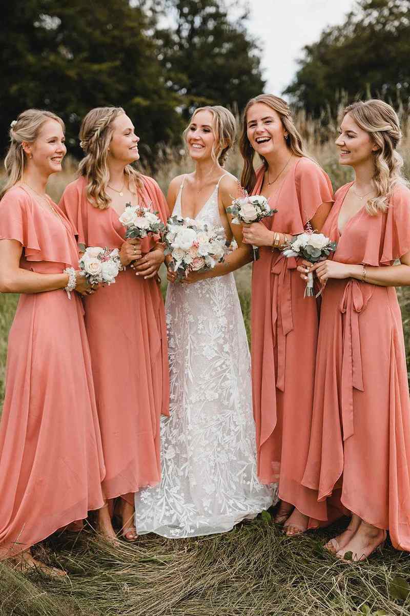 Coral Wrap V-Neck Ruched Sexy Bridesmaid Wedding Guest Dresses