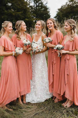 Coral Wrap V-Neck Ruched Sexy Bridesmaid Wedding Guest Dresses