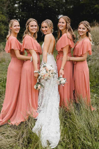 Wrap V-Neck Ruched Sexy Bridesmaid Wedding Guest Dresses