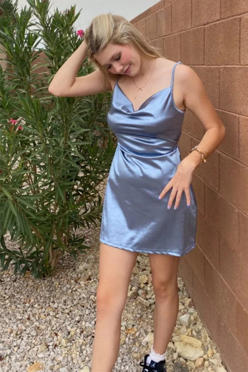 Champagne Spaghetti Straps Satin Homecoming Dress