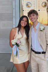 Champagne Mini V-Neck Sleeveless Satin Homecoming Dress 