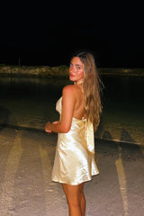Champagne Mini V-Neck Sleeveless Satin Homecoming Dress 