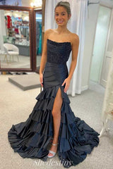 Corset Pink Strapless Mermaid Ruffles Slit Prom Dress