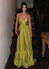 Criss-cross Chartreuse Ruched A-line Halter Long Prom Dress with Sleeveless