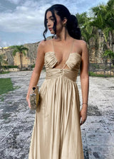 Criss-cross Chartreuse Ruched A-line Halter Long Prom Dress with Sleeveless