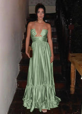 Criss-cross Chartreuse Ruched A-line Halter Long Prom Dress with Sleeveless