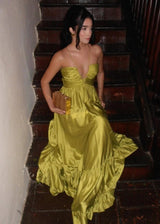 Criss-cross Chartreuse Ruched A-line Halter Long Prom Dress with Sleeveless