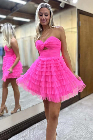 Pink Keyhole Strapless A-Line Ruffles Short Homecoming Dress