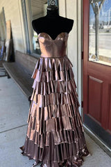 Spring Metallic Brown Strapless Tiered Prom Dress