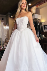 Strapless A-Line Embroidered Floral Lace Corset White Wedding Dress