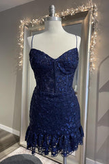 Dark Navy Feminine V-Neck Spaghetti Straps Sheath Lace Cocktail Dress