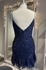Dark Navy Feminine V-Neck Spaghetti Straps Sheath Lace Cocktail Dress