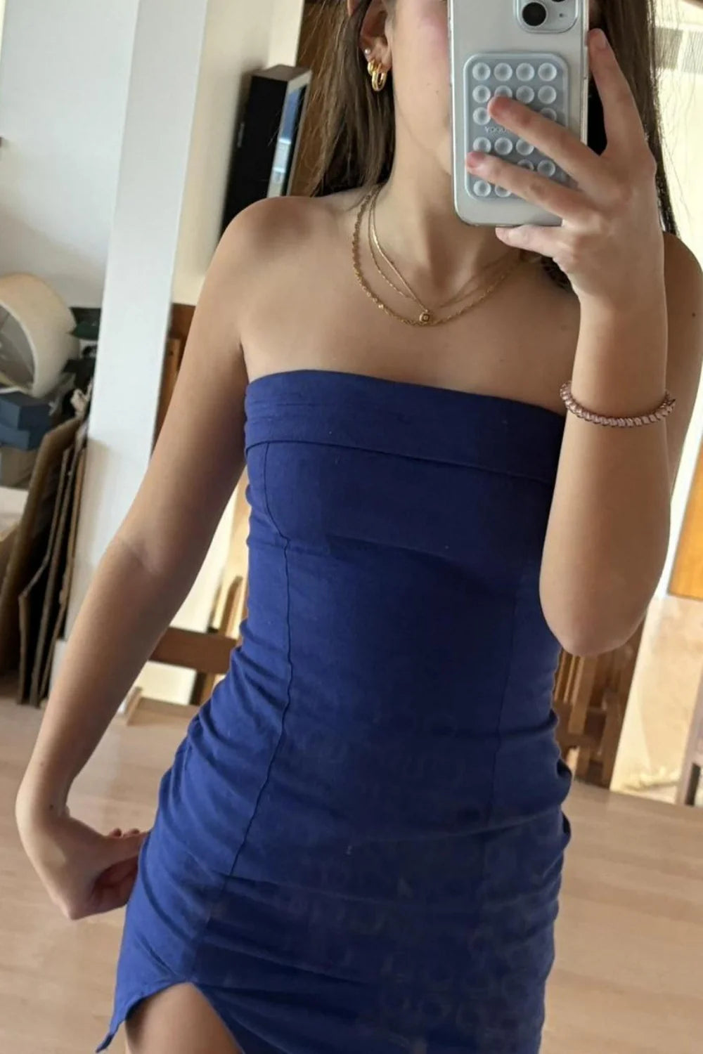 Dark Navy Special Short Sheath Strapless Homecoming Dress with Slit