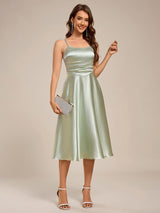 Classic Spaghetti Straps A-Line Midi Satin Wedding Guest Dress #color_Mint Green