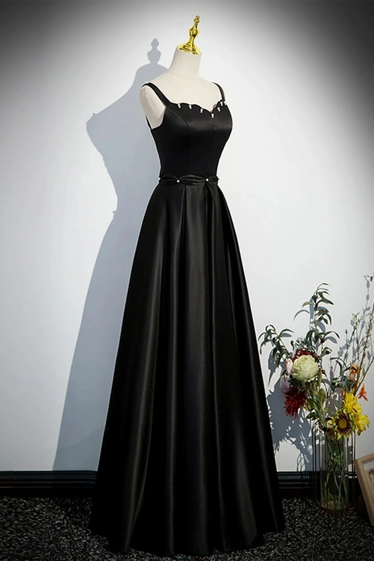 Elegant Black Satin A Line Long Prom Dresses with Pearls