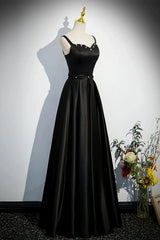 Elegant Black Satin A Line Long Prom Dresses with Pearls