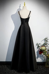 Elegant Black Satin A Line Long Prom Dresses with Pearls