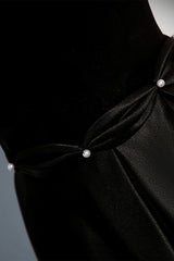 Elegant Black Satin A Line Long Prom Dresses with Pearls