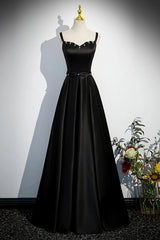 Elegant Black Satin A Line Long Prom Dresses with Pearls