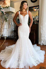 Ivory Off-Shoulder Mermaid Lace V-Back Wedding Dress with Applique