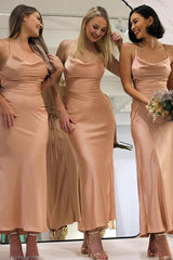 Peach Spaghetti Straps Lace-Up Satin Maxi Dress