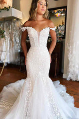 White Off-Shoulder Mermaid Lace V-Back Wedding Dress with Applique