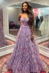 A-Line Purple Strapless Floral Print Prom Party Dress